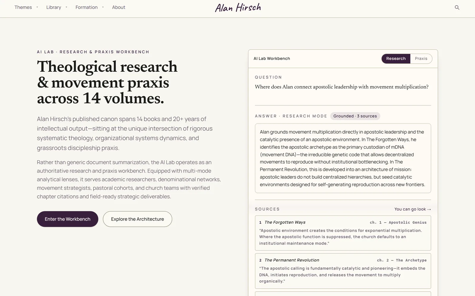 The AI Lab on alanhirsch.com answering a research question with three cited sources from Alan Hirsch’s books