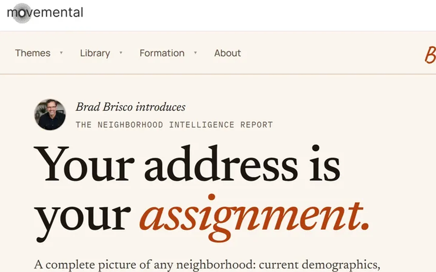 The Neighborhood Intelligence Report page: Your address is your assignment