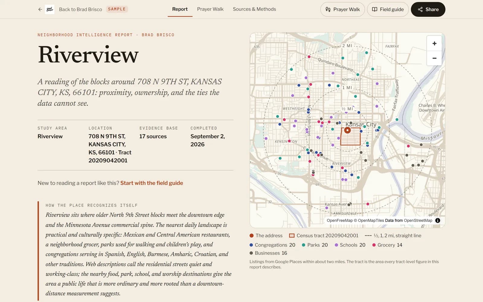 A sample Neighborhood Intelligence Report for Riverview in Kansas City, Kansas, with a map of nearby congregations, parks, schools, groceries and businesses