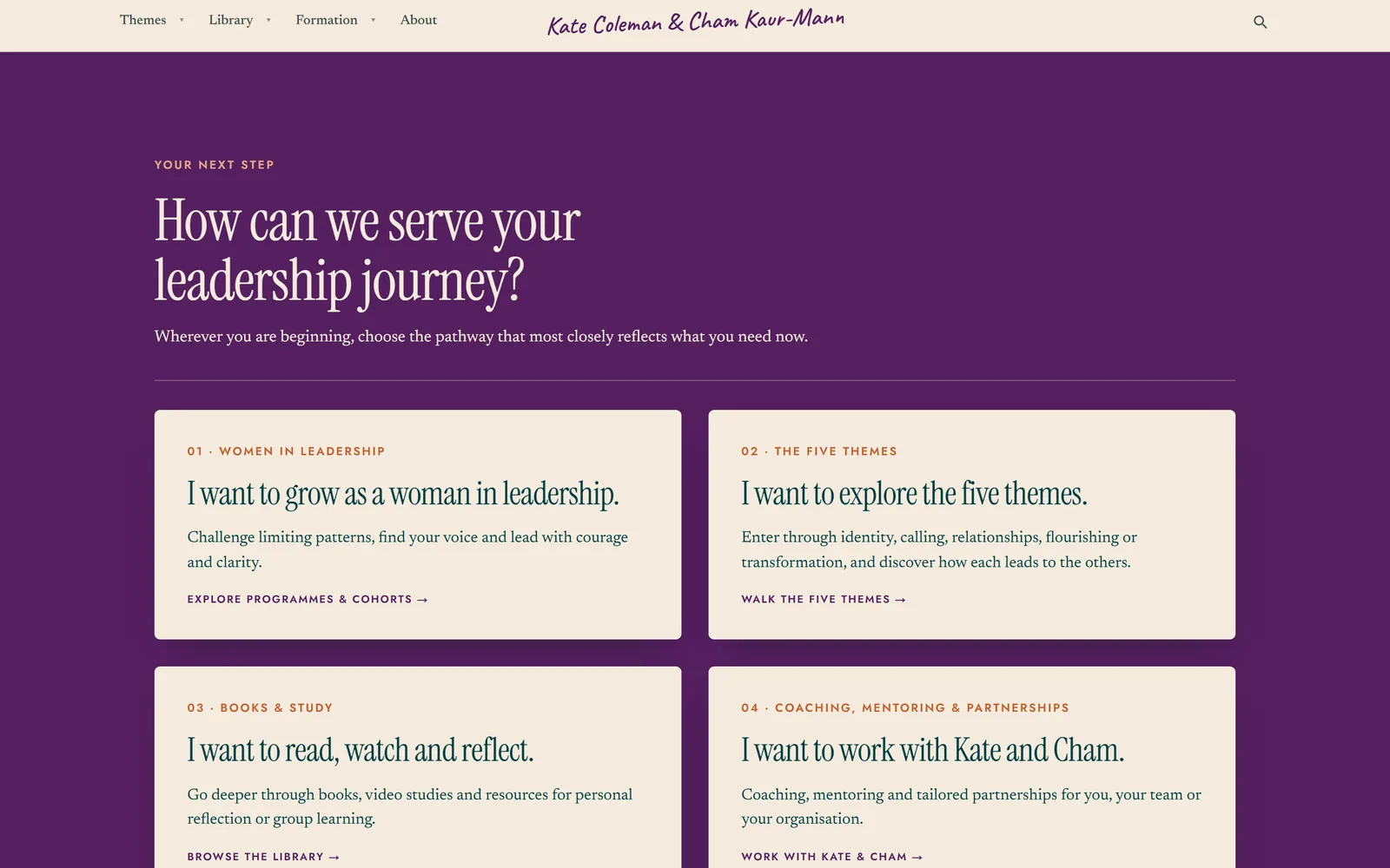 Four pathways on Kate and Cham’s site, from women in leadership to working with them