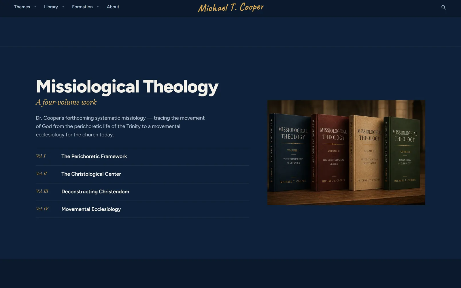 Michael Cooper’s four-volume Missiological Theology, listed by volume